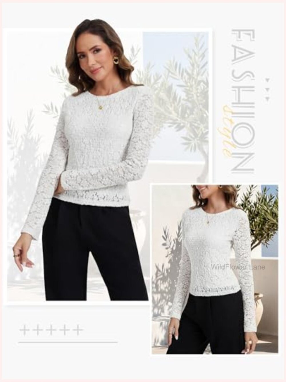 Lace Long Sleeve Mesh Tee Blouse Layering Shirt Crew Neck Slim Fit Floral Top - Picture 3 of 7